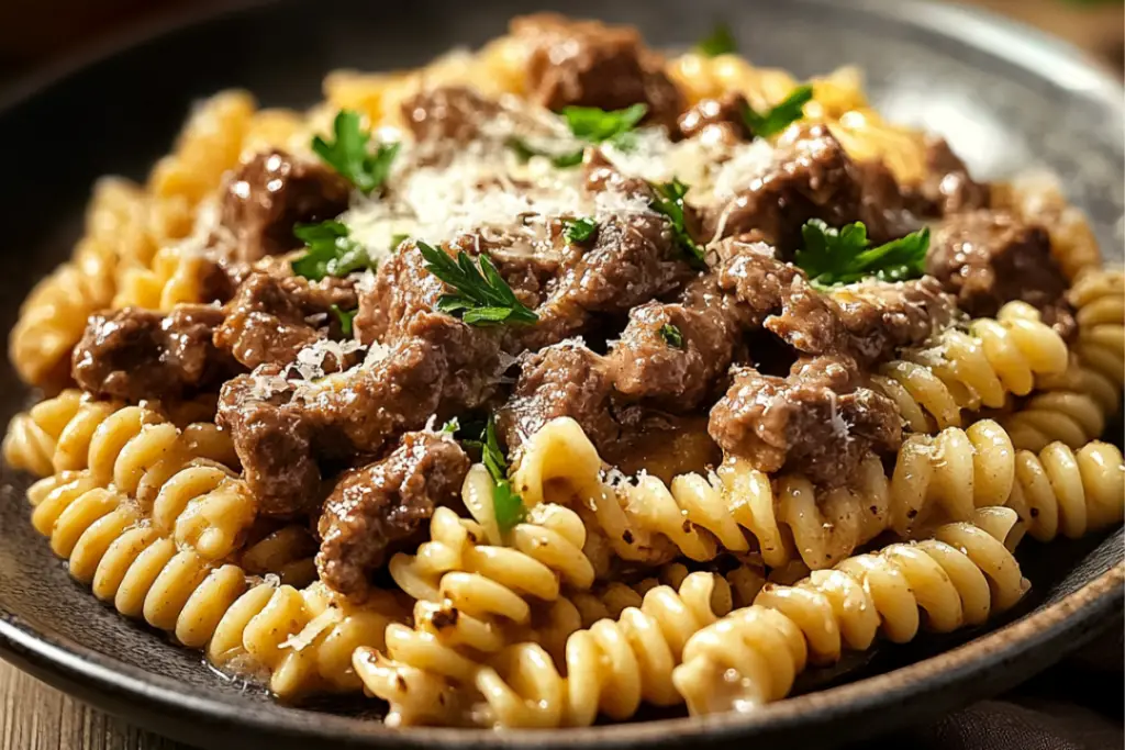 Beef and Rotini in Garlic Parmesan Sauce - easyfoodflash