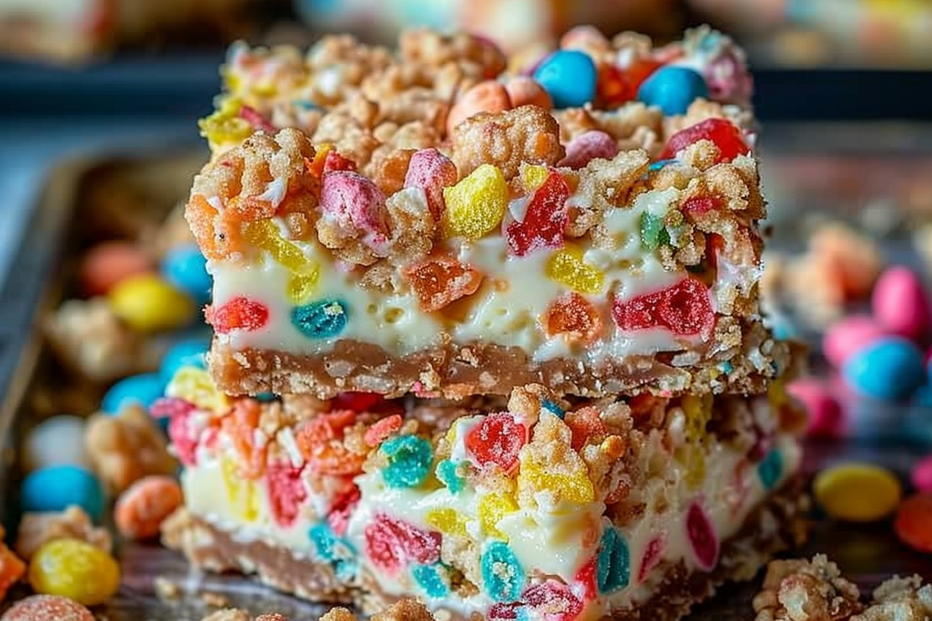 Fruity Pebbles Cookie Cheesecake Bars