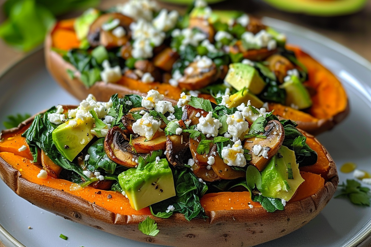 Stuffed Sweet Potatoes with Spinach Avocado Mushroom & Feta