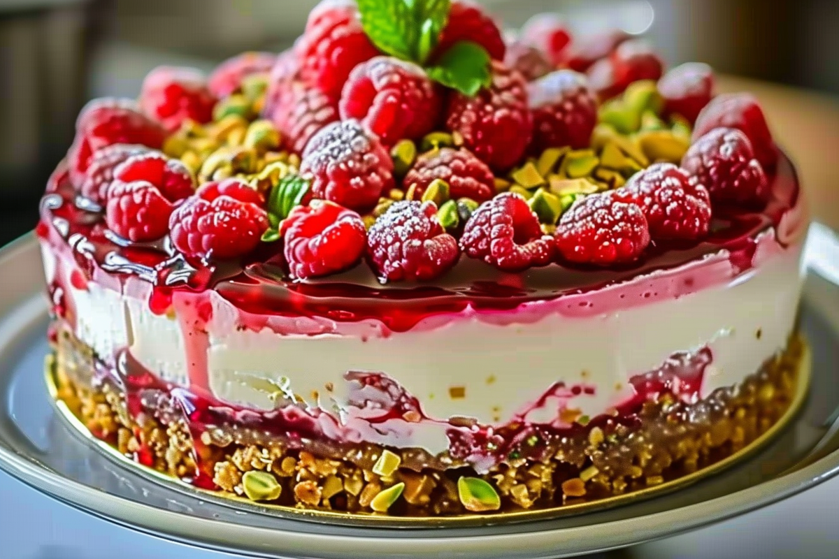 Elegant Pistachio Raspberry Crunch Cheesecake