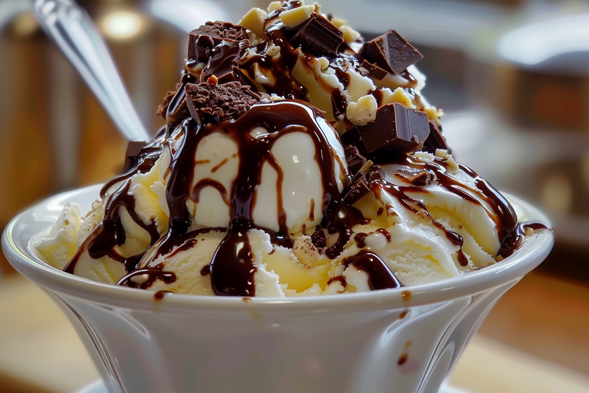Vanilla Ice Cream Sundae with Rich Hot Fudge