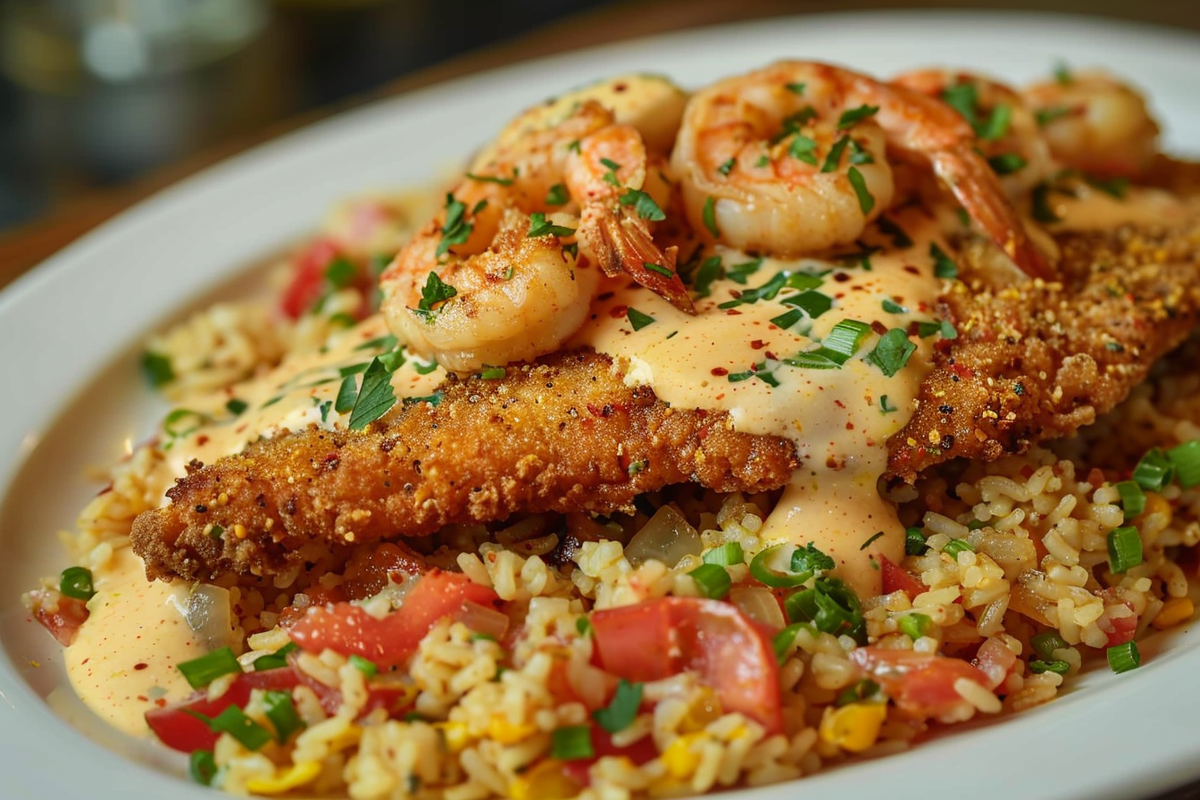 Fried Catfish Over Dirty Rice With Cajun Shrimp Cream Sauce