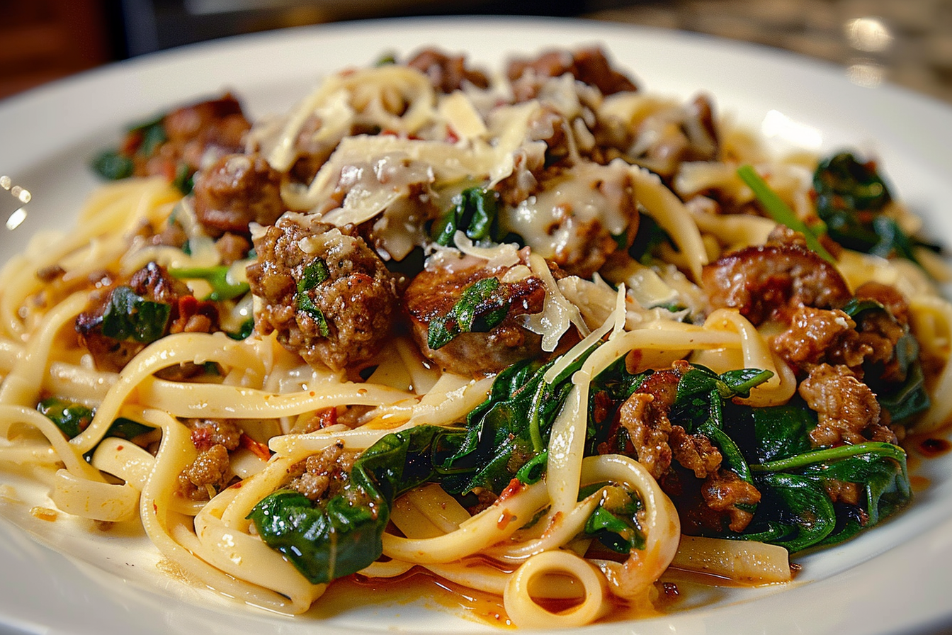 Cheesy Garlic Butter Linguine with Beef Sausage and Spinach