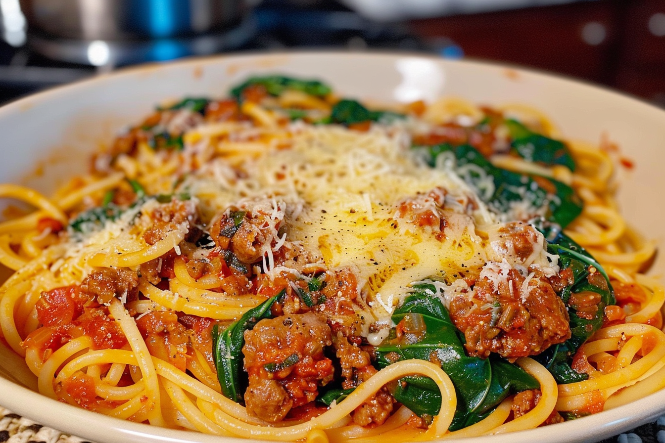 Cheesy Garlic Butter Spaghetti with Italian Sausage and Spinach