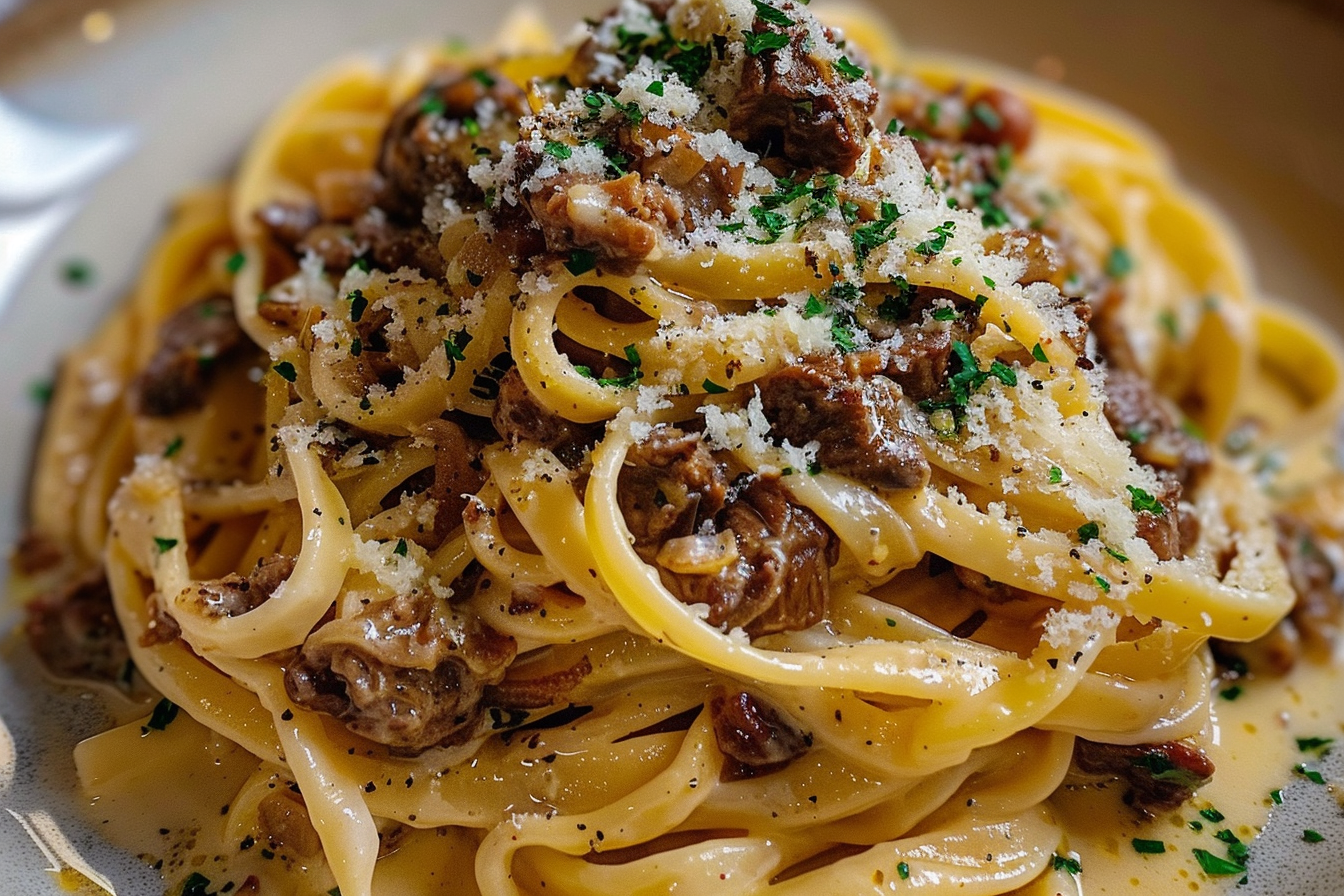 Creamy Parmesan Beef Linguine in Garlic Butter Sauce