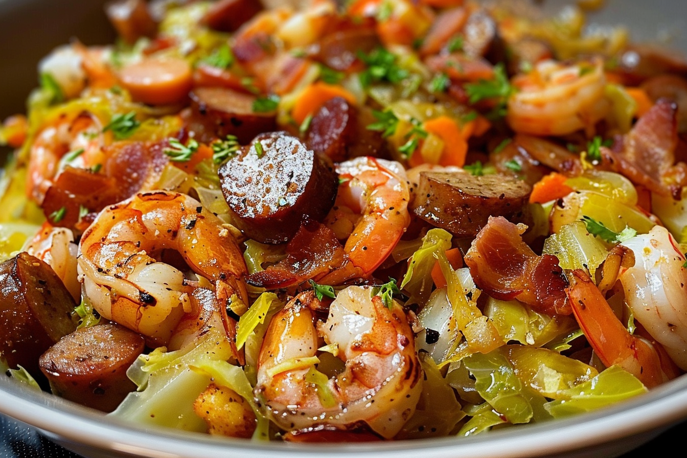 Fried Cabbage with Shrimp Sausage and Bacon