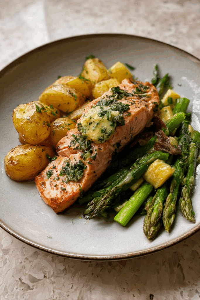 Salmon with herb butter roasted potatoes and zucchini