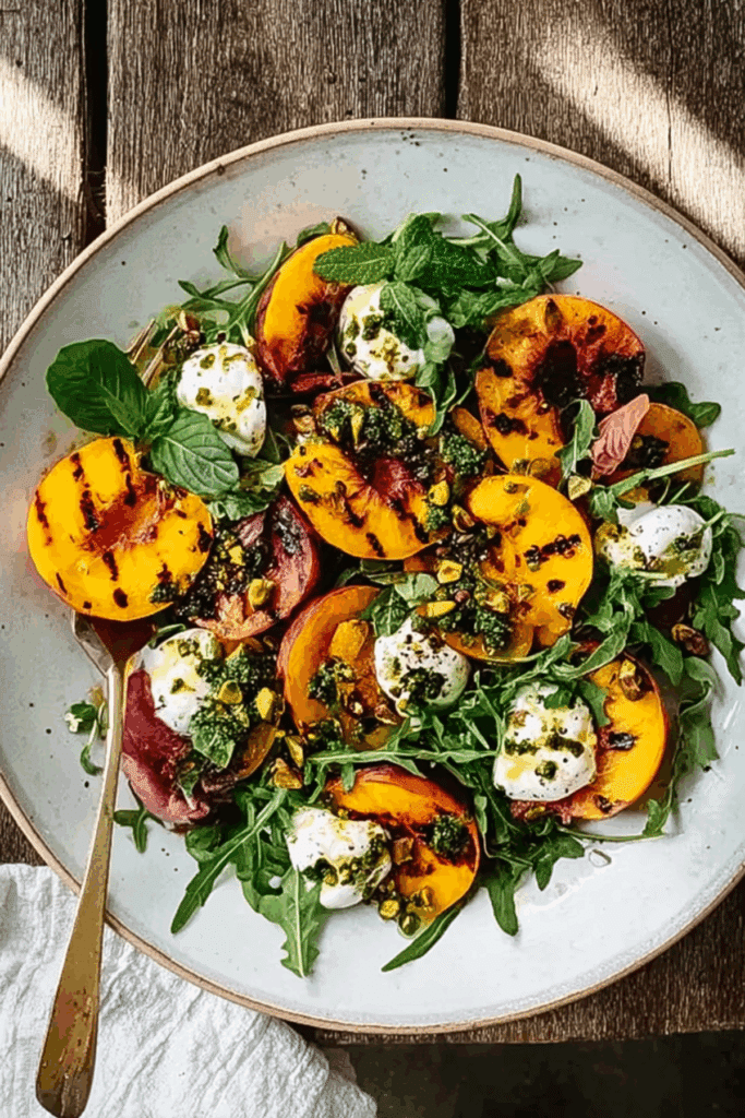 Grilled Peach, Pistachio, and Burrata Salad