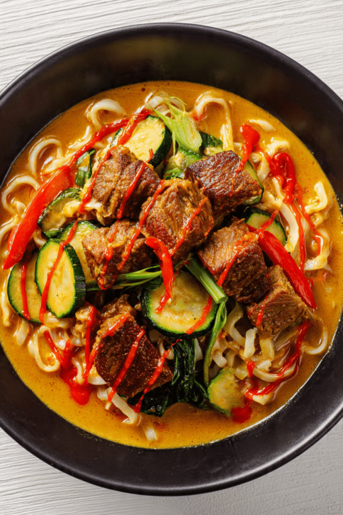 Creamy Curry Noodles with Crispy Beef