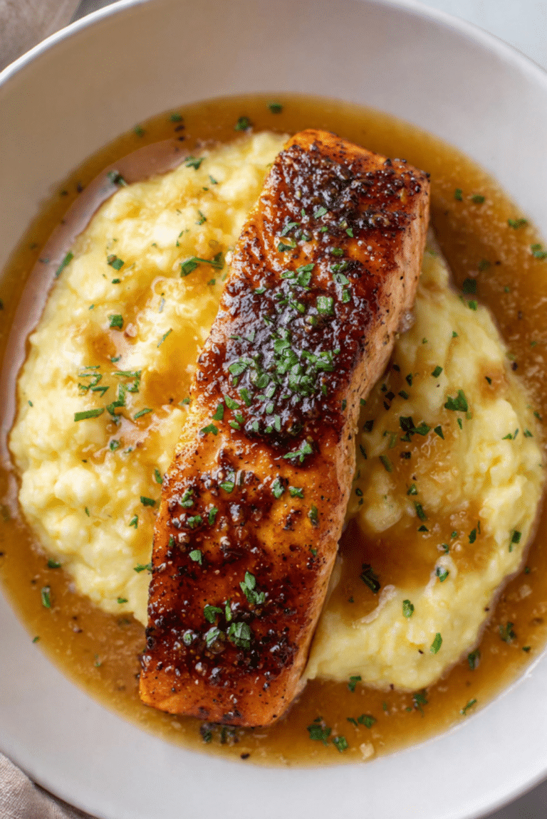 Honey Garlic Salmon Over Cheddar Mash