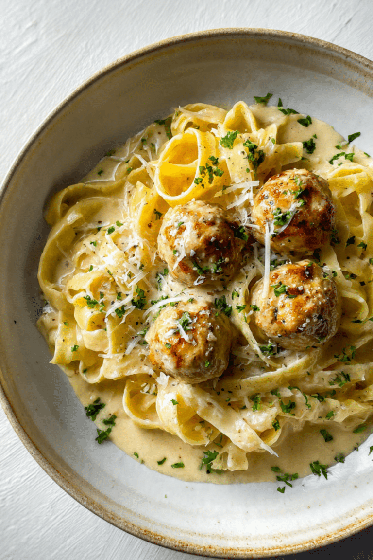 Creamy Garlic Parmesan Chicken Meatballs with Fettuccine