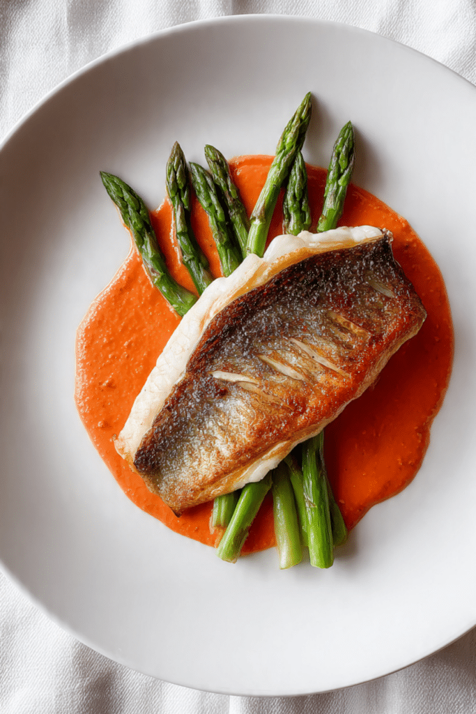 Red snapper with asparagus and roasted pepper sauce