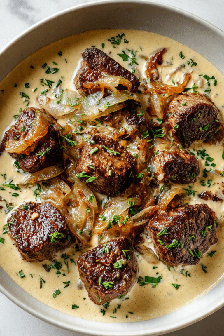 Steak Bites with caramelized onion cream sauce